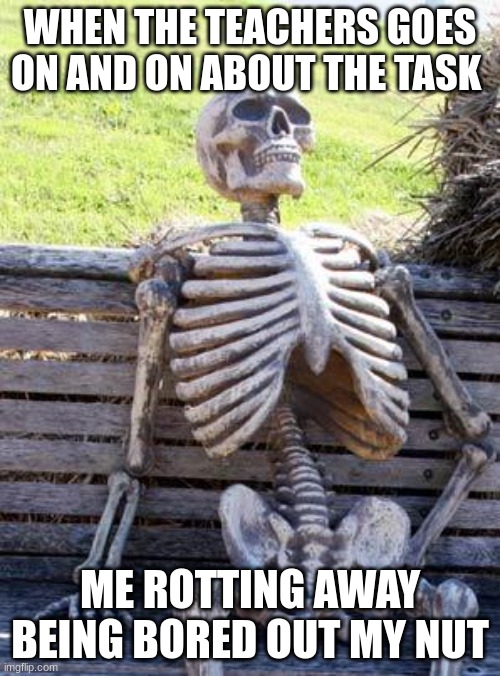 school stuff you will understand | WHEN THE TEACHERS GOES ON AND ON ABOUT THE TASK; ME ROTTING AWAY BEING BORED OUT MY NUT | image tagged in memes,waiting skeleton | made w/ Imgflip meme maker
