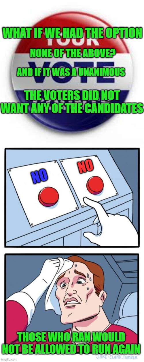 if our vote really did matter |  WHAT IF WE HAD THE OPTION; NONE OF THE ABOVE? AND IF IT WAS A UNANIMOUS; THE VOTERS DID NOT WANT ANY OF THE CANDIDATES; NO; NO; THOSE WHO RAN WOULD NOT BE ALLOWED TO RUN AGAIN | image tagged in vote,memes,two buttons | made w/ Imgflip meme maker