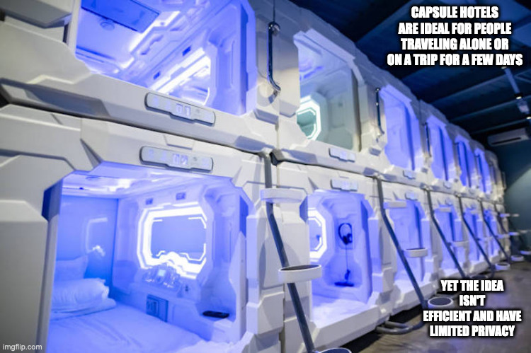 Capsule Hotel | CAPSULE HOTELS ARE IDEAL FOR PEOPLE TRAVELING ALONE OR ON A TRIP FOR A FEW DAYS; YET THE IDEA ISN'T EFFICIENT AND HAVE LIMITED PRIVACY | image tagged in hotel,memes | made w/ Imgflip meme maker