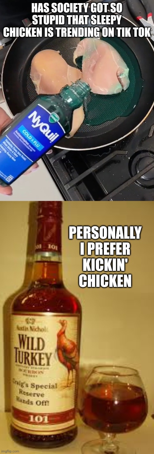 HAS SOCIETY GOT SO STUPID THAT SLEEPY CHICKEN IS TRENDING ON TIK TOK; PERSONALLY I PREFER KICKIN' CHICKEN | image tagged in wild turkey 101 | made w/ Imgflip meme maker