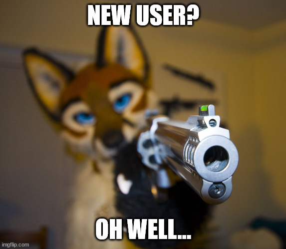Furry with gun | NEW USER? OH WELL... | image tagged in furry with gun | made w/ Imgflip meme maker
