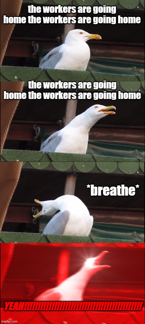 TFW your name is Jonas | the workers are going home the workers are going home; the workers are going home the workers are going home; *breathe*; YEAH!!!!!!!!!!!!!!!!!!!!!!!!!!!!!!!!!!!!!!!!!!! | image tagged in memes,inhaling seagull | made w/ Imgflip meme maker