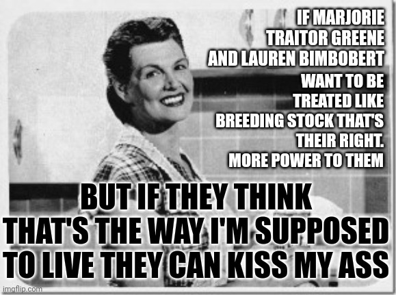 Not A Chance | IF MARJORIE TRAITOR GREENE AND LAUREN BIMBOBERT; WANT TO BE TREATED LIKE BREEDING STOCK THAT'S THEIR RIGHT.  MORE POWER TO THEM; BUT IF THEY THINK THAT'S THE WAY I'M SUPPOSED TO LIVE THEY CAN KISS MY ASS | image tagged in vintage woman cooking,memes,never going back,womens rights,womens choice,ladies night | made w/ Imgflip meme maker