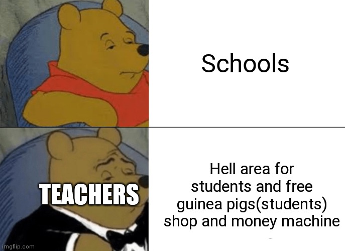 Toxedow winny da poopy | Schools; Hell area for students and free guinea pigs(students) shop and money machine; TEACHERS | image tagged in memes,tuxedo winnie the pooh | made w/ Imgflip meme maker