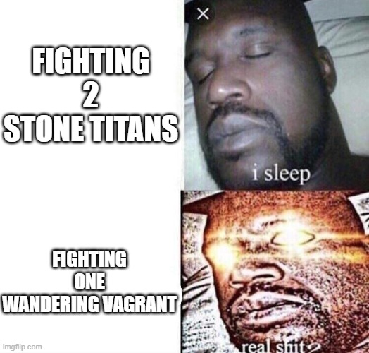 i sleep real shit | FIGHTING 2 STONE TITANS; FIGHTING ONE WANDERING VAGRANT | image tagged in i sleep real shit | made w/ Imgflip meme maker