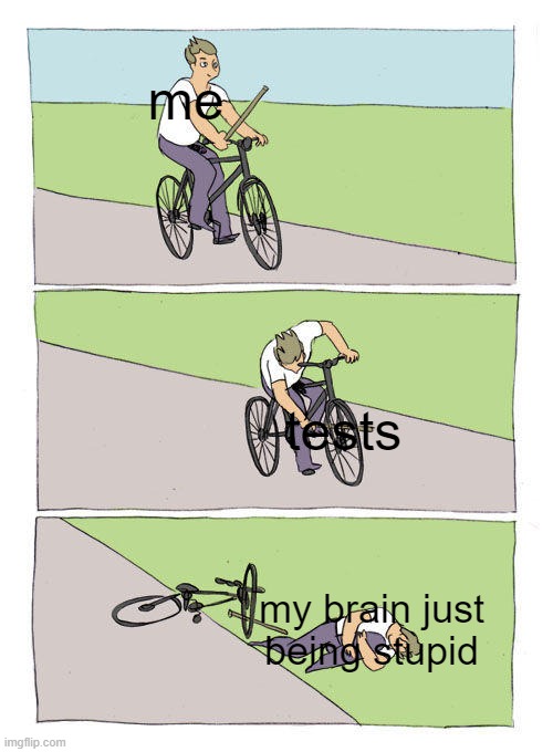 Me when tests : | me; tests; my brain just being stupid | image tagged in memes,bike fall,school | made w/ Imgflip meme maker