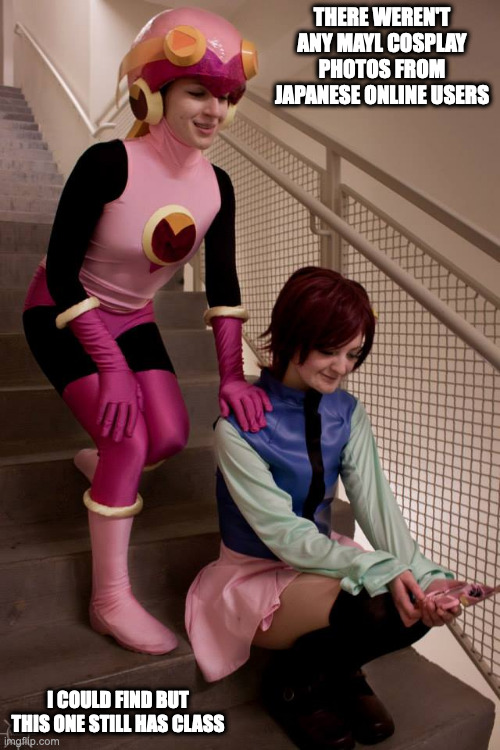 Mayl and Roll.EXE Cosplay | THERE WEREN'T ANY MAYL COSPLAY PHOTOS FROM JAPANESE ONLINE USERS; I COULD FIND BUT THIS ONE STILL HAS CLASS | image tagged in cosplay,megaman,megaman battle network,rollexe,mayl sakurai,memes | made w/ Imgflip meme maker