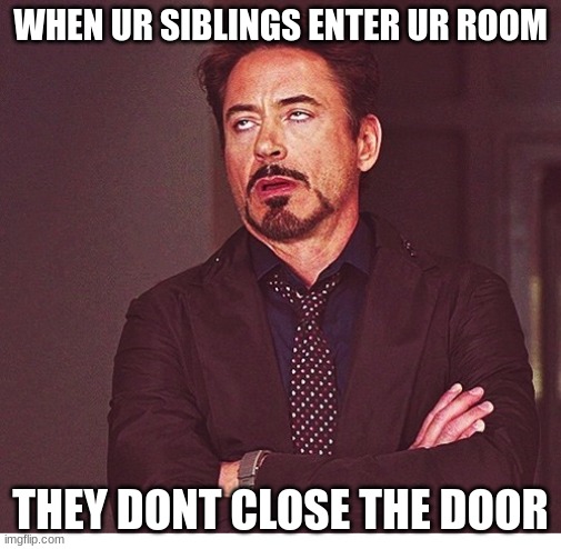 RDJ boring | WHEN UR SIBLINGS ENTER UR ROOM; THEY DONT CLOSE THE DOOR | image tagged in rdj boring | made w/ Imgflip meme maker