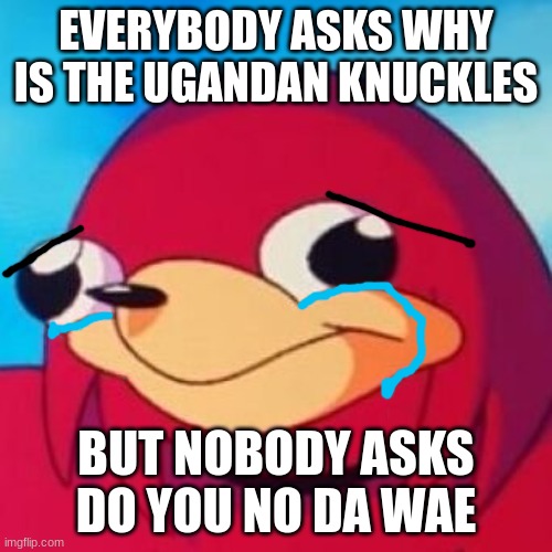 da wae | EVERYBODY ASKS WHY IS THE UGANDAN KNUCKLES; BUT NOBODY ASKS DO YOU NO DA WAE | image tagged in ugandan knuckles,da wae | made w/ Imgflip meme maker