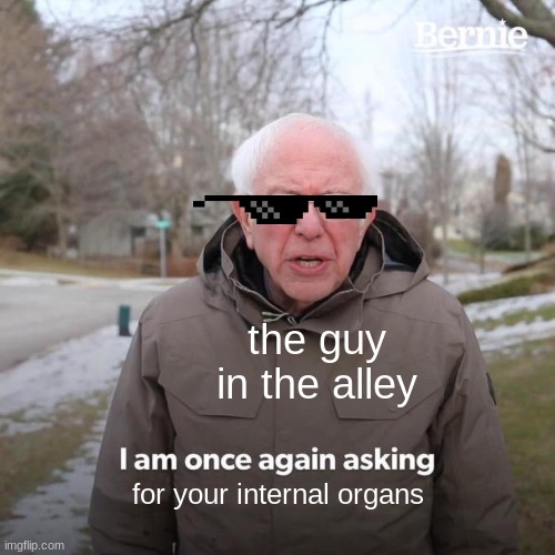 Bernie I Am Once Again Asking For Your Support | the guy in the alley; for your internal organs | image tagged in memes,bernie i am once again asking for your support | made w/ Imgflip meme maker