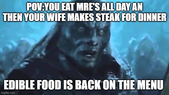 Lord of the Rings Meat's back on the menu | POV:YOU EAT MRE'S ALL DAY AN THEN YOUR WIFE MAKES STEAK FOR DINNER; EDIBLE FOOD IS BACK ON THE MENU | image tagged in lord of the rings meat's back on the menu | made w/ Imgflip meme maker