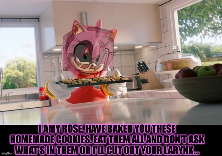 Morning suprise... | I AMY ROSE, HAVE BAKED YOU THESE HOMEMADE COOKIES. EAT THEM ALL AND DON'T ASK WHAT'S IN THEM OR I'LL CUT OUT YOUR LARYNX... | image tagged in amy rose,amyrose exe,good morning,suprise,dont eat the cookies | made w/ Imgflip meme maker