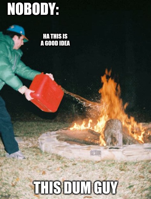 guys last mistake | NOBODY:; HA THIS IS A GOOD IDEA; THIS DUM GUY | image tagged in guy pouring gasoline into fire | made w/ Imgflip meme maker