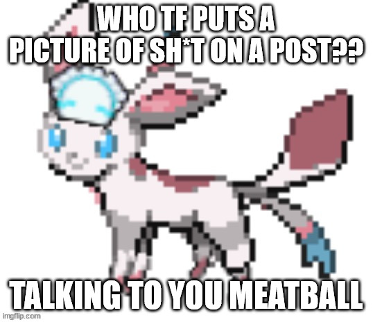 sylceon | WHO TF PUTS A PICTURE OF SH*T ON A POST?? TALKING TO YOU MEATBALL | image tagged in sylceon | made w/ Imgflip meme maker