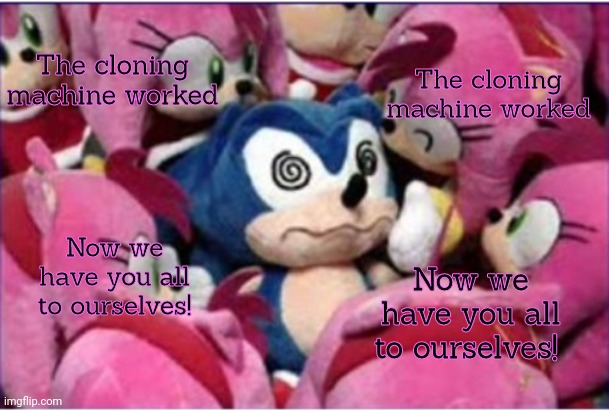 Escape while you can | The cloning machine worked; The cloning machine worked; Now we have you all to ourselves! Now we have you all to ourselves! | image tagged in sonic the hedgehog,amy rose,run,clones | made w/ Imgflip meme maker