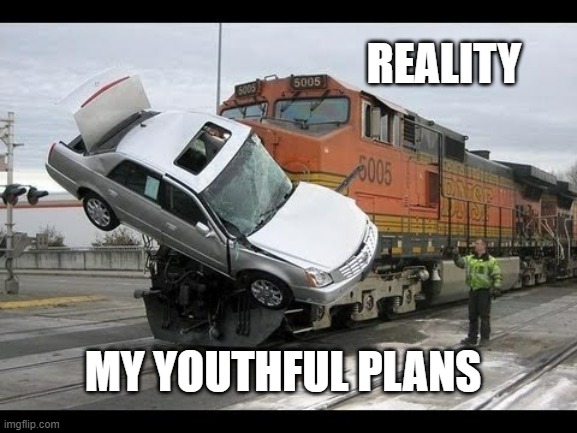 idealism | REALITY; MY YOUTHFUL PLANS | image tagged in car crash | made w/ Imgflip meme maker