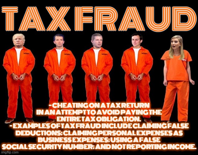 TAX FRAUD | TAX FRAUD; - CHEATING ON A TAX RETURN IN AN ATTEMPT TO AVOID PAYING THE ENTIRE TAX OBLIGATION. 
- EXAMPLES OF TAX FRAUD INCLUDE CLAIMING FALSE DEDUCTIONS; CLAIMING PERSONAL EXPENSES AS BUSINESS EXPENSES; USING A FALSE SOCIAL SECURITY NUMBER; AND NOT REPORTING INCOME. | image tagged in tax,fraud,cheat,avoid,false,business | made w/ Imgflip meme maker