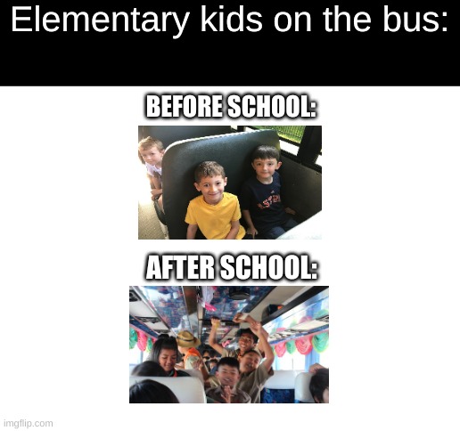 The most true meme on the planet | Elementary kids on the bus:; BEFORE SCHOOL:; AFTER SCHOOL: | image tagged in blank white template,bus,elementary | made w/ Imgflip meme maker