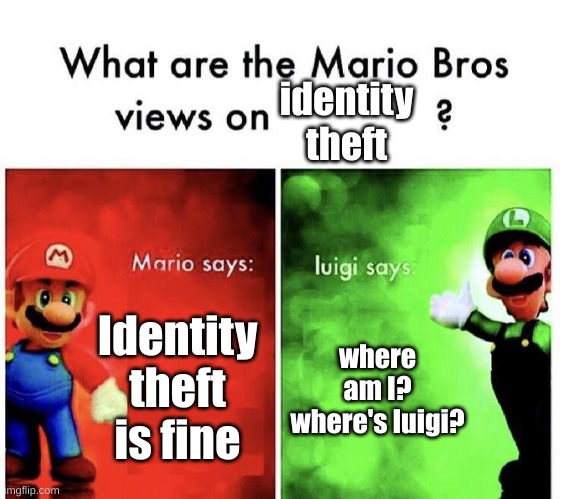 The Luigi Bros | identity theft; Identity theft is fine; where am I? where's luigi? | image tagged in mario bros views | made w/ Imgflip meme maker