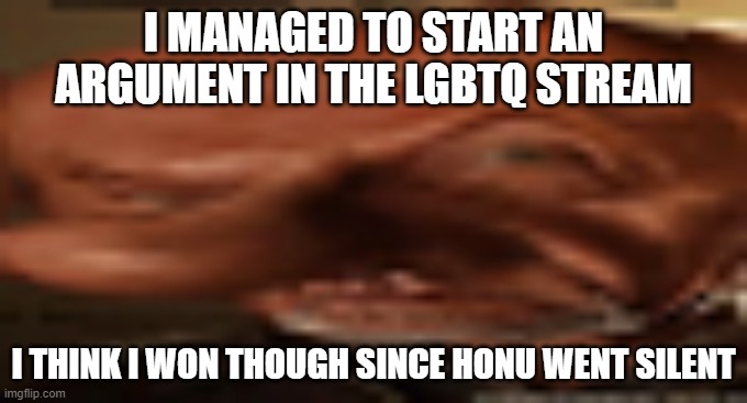 Thanks Bubonic and drm_drm_drm for the backup | I MANAGED TO START AN ARGUMENT IN THE LGBTQ STREAM; I THINK I WON THOUGH SINCE HONU WENT SILENT | image tagged in finger dingle eyebrow raise | made w/ Imgflip meme maker