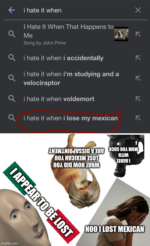 I AGREE WITH MOM YOU SUCK; WHAT HOW DID YOU LOSE MEXICAN YOU ARE A DISSAPOINTMENT; I APPEAR TO BE LOST; NOO I LOST MEXICAN | image tagged in blank white template | made w/ Imgflip meme maker