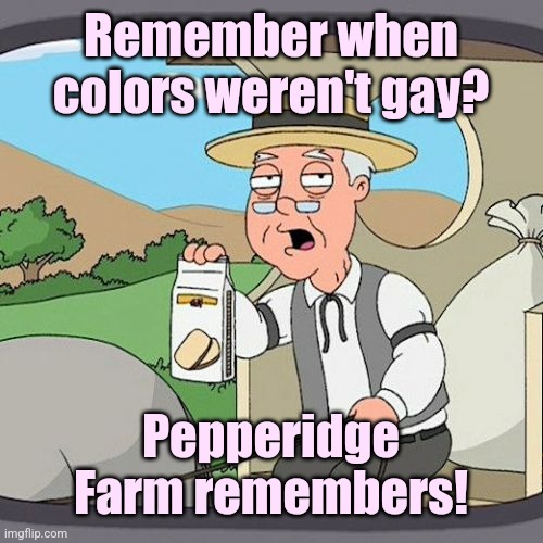 Pepperidge Farm Remembers Meme | Remember when colors weren't gay? Pepperidge Farm remembers! | image tagged in memes,pepperidge farm remembers | made w/ Imgflip meme maker