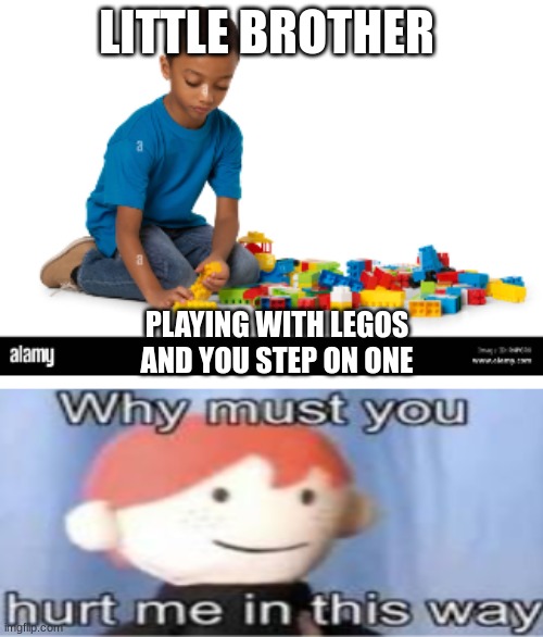 Title | LITTLE BROTHER; PLAYING WITH LEGOS AND YOU STEP ON ONE | image tagged in funny,goofy memes,ahhhhhhhhhhhhh,quandale dingle,lego,stepping on a lego | made w/ Imgflip meme maker