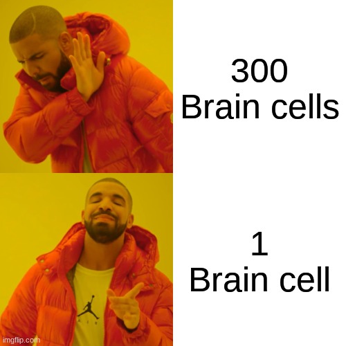 Drake Hotline Bling | 300 Brain cells; 1 Brain cell | image tagged in memes,drake hotline bling | made w/ Imgflip meme maker