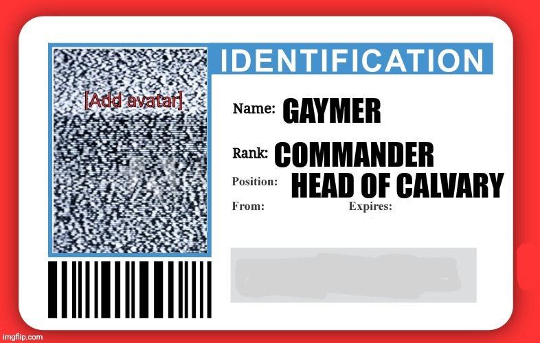 Id card | GAYMER; COMMANDER; HEAD OF CALVARY | image tagged in imgflip id | made w/ Imgflip meme maker