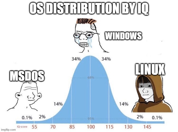 bell curve | OS DISTRIBUTION BY IQ; WINDOWS; LINUX; MSDOS | image tagged in bell curve | made w/ Imgflip meme maker