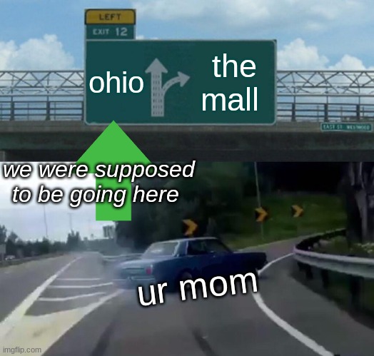 we were supposed to be visiting family! can anyone relate? | ohio; the mall; we were supposed to be going here; ur mom | image tagged in memes,left exit 12 off ramp | made w/ Imgflip meme maker