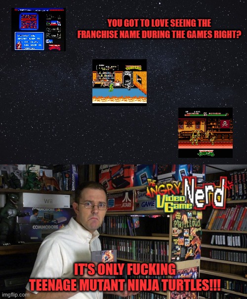 YOU GOT TO LOVE SEEING THE FRANCHISE NAME DURING THE GAMES RIGHT? IT'S ONLY FUCKING TEENAGE MUTANT NINJA TURTLES!!! | image tagged in avgn,tmnt,treating us like morons | made w/ Imgflip meme maker