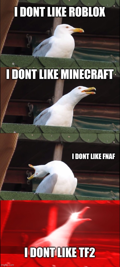 Inhaling Seagull | I DONT LIKE ROBLOX; I DONT LIKE MINECRAFT; I DONT LIKE FNAF; I DONT LIKE TF2 | image tagged in memes,inhaling seagull | made w/ Imgflip meme maker