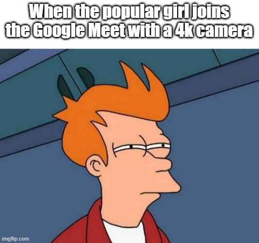 Holup | When the popular girl joins the Google Meet with a 4k camera | image tagged in memes,futurama fry | made w/ Imgflip meme maker