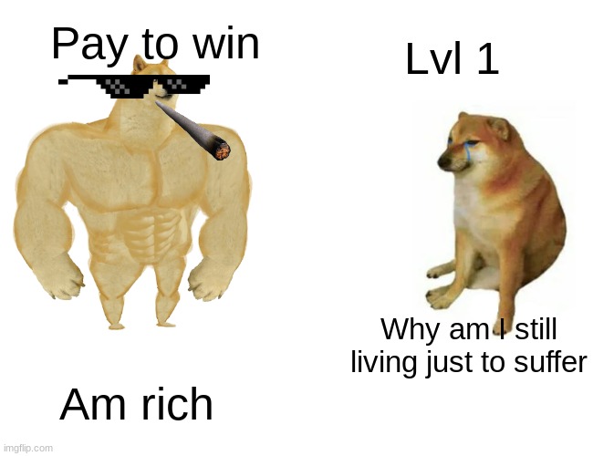 P2w | Pay to win; Lvl 1; Why am I still living just to suffer; Am rich | image tagged in memes,buff doge vs cheems | made w/ Imgflip meme maker