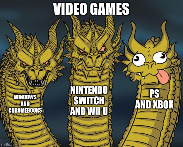 100% ACCURATE | VIDEO GAMES; NINTENDO SWITCH AND WII U; PS AND XBOX; WINDOWS AND CHROMEBOOKS | image tagged in three-headed dragon | made w/ Imgflip meme maker