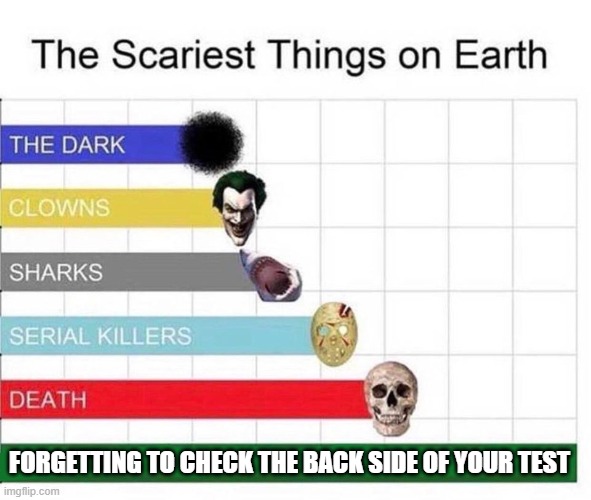 scariest things in the world | FORGETTING TO CHECK THE BACK SIDE OF YOUR TEST | image tagged in scariest things in the world | made w/ Imgflip meme maker