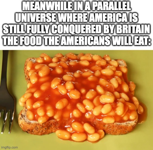 Beans on Toast | MEANWHILE IN A PARALLEL UNIVERSE WHERE AMERICA IS STILL FULLY CONQUERED BY BRITAIN
THE FOOD THE AMERICANS WILL EAT: | image tagged in beans on toast | made w/ Imgflip meme maker