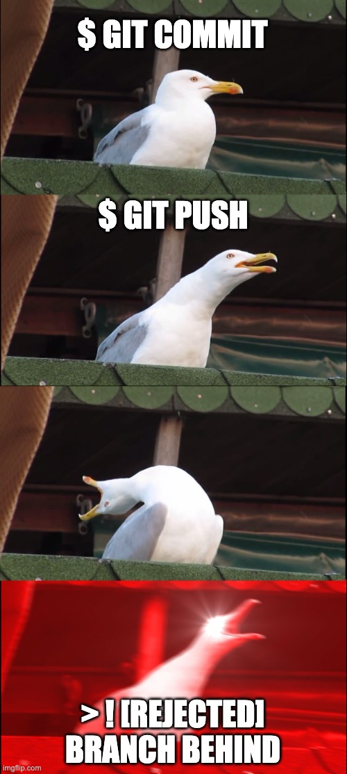 The joy of collaboration... |  $ GIT COMMIT; $ GIT PUSH; > ! [REJECTED]
BRANCH BEHIND | image tagged in memes,inhaling seagull,git,programming | made w/ Imgflip meme maker