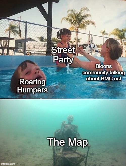 i recently hit 100 subs and 50k views in yt! | Street Party; Bloons community talking about BMC ost; Roaring Humpers; The Map | image tagged in mother ignoring kid drowning in a pool,btd6 | made w/ Imgflip meme maker