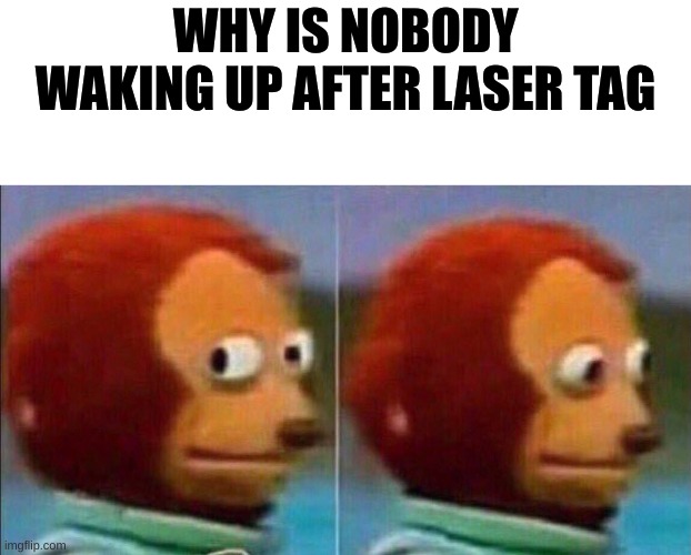 Monkey looking away | WHY IS NOBODY WAKING UP AFTER LASER TAG | image tagged in monkey looking away,laser | made w/ Imgflip meme maker