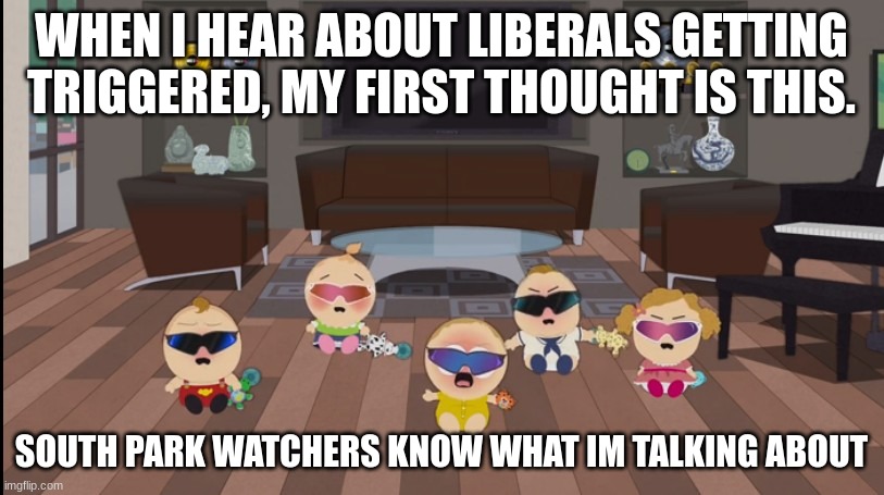 THE PC BABIES | WHEN I HEAR ABOUT LIBERALS GETTING TRIGGERED, MY FIRST THOUGHT IS THIS. SOUTH PARK WATCHERS KNOW WHAT IM TALKING ABOUT | image tagged in pc babies crying,memes,funny,politics | made w/ Imgflip meme maker