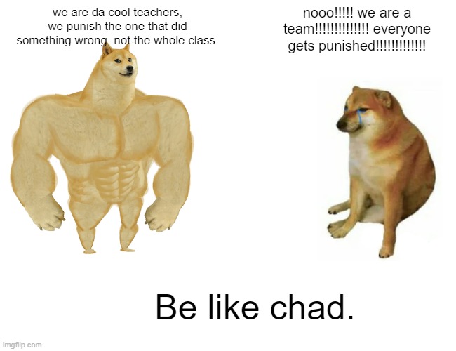 teachers be like: | we are da cool teachers, we punish the one that did something wrong, not the whole class. nooo!!!!! we are a team!!!!!!!!!!!!!! everyone gets punished!!!!!!!!!!!!! Be like chad. | image tagged in memes,buff doge vs cheems | made w/ Imgflip meme maker