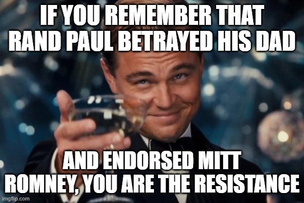 Never Forget Rand Paul's betrayal | IF YOU REMEMBER THAT RAND PAUL BETRAYED HIS DAD; AND ENDORSED MITT ROMNEY, YOU ARE THE RESISTANCE | image tagged in memes,leonardo dicaprio cheers | made w/ Imgflip meme maker