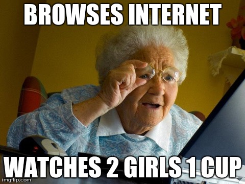 Grandma Finds The Internet | BROWSES INTERNET WATCHES 2 GIRLS 1 CUP | image tagged in memes,grandma finds the internet | made w/ Imgflip meme maker