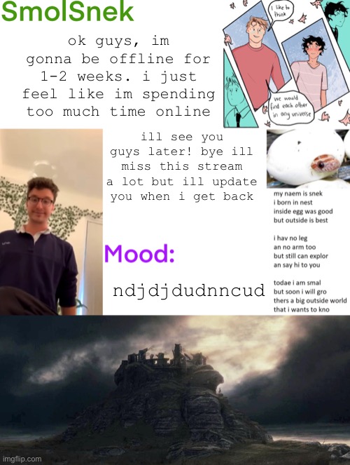 byee :) | ok guys, im gonna be offline for 1-2 weeks. i just feel like im spending too much time online; ill see you guys later! bye ill miss this stream a lot but ill update you when i get back; ndjdjdudnncud | image tagged in smolsnek s announcement temp,leave | made w/ Imgflip meme maker