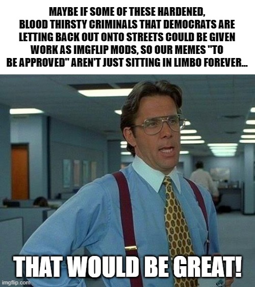 Memes In Imgflip Purgatory... | MAYBE IF SOME OF THESE HARDENED, BLOOD THIRSTY CRIMINALS THAT DEMOCRATS ARE LETTING BACK OUT ONTO STREETS COULD BE GIVEN WORK AS IMGFLIP MODS, SO OUR MEMES "TO BE APPROVED" AREN'T JUST SITTING IN LIMBO FOREVER... THAT WOULD BE GREAT! | image tagged in memes,that would be great,so true,meme making,mods,waiting | made w/ Imgflip meme maker