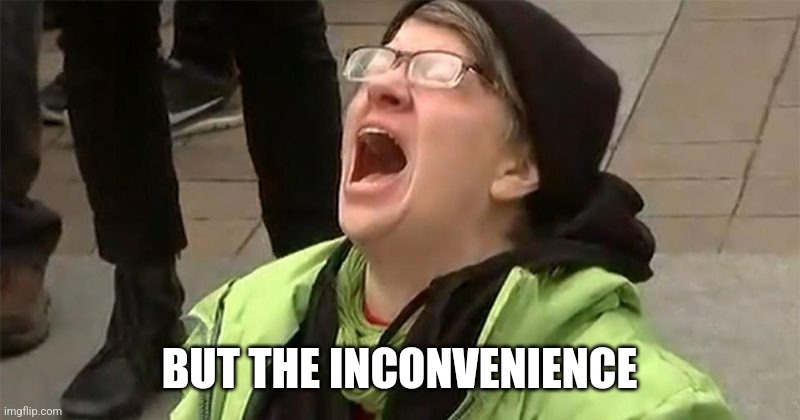 crying liberal | BUT THE INCONVENIENCE | image tagged in crying liberal | made w/ Imgflip meme maker