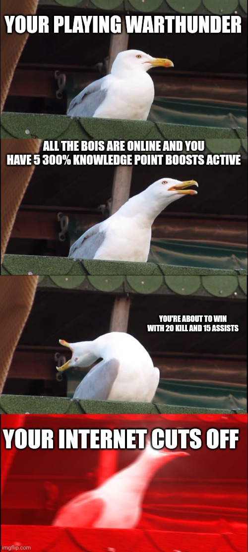 Inhaling Seagull | YOUR PLAYING WARTHUNDER; ALL THE BOIS ARE ONLINE AND YOU HAVE 5 300% KNOWLEDGE POINT BOOSTS ACTIVE; YOU'RE ABOUT TO WIN WITH 20 KILL AND 15 ASSISTS; YOUR INTERNET CUTS OFF | image tagged in memes,inhaling seagull | made w/ Imgflip meme maker