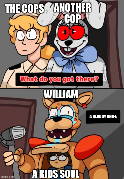 What do you got there fnaf security breach version | ANOTHER COP; THE COPS; WILLIAM; A BLOODY KNIFE; A KIDS SOUL | image tagged in what do you got there fnaf security breach version | made w/ Imgflip meme maker